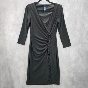 Chaps Black Wrap Drape Ruffle Knee Length V‎ Neck Formal Dress XS